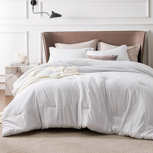 Bedsure Queen Comforter Set - Grayish White Soft Bedding for All Seasons, Cationic Dyed Bed Set, 3 Pieces, 1 Queen Size Comforter (90"x90") and 2 Pillow Shams (20"x26"+2")