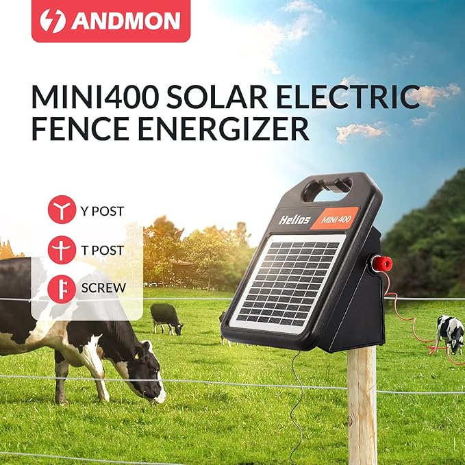 Andmon MINI400 20 Miles Solar Electric Fence Charger with Day/Night Mode 0.3J Output Energy Electric Fence Energizer