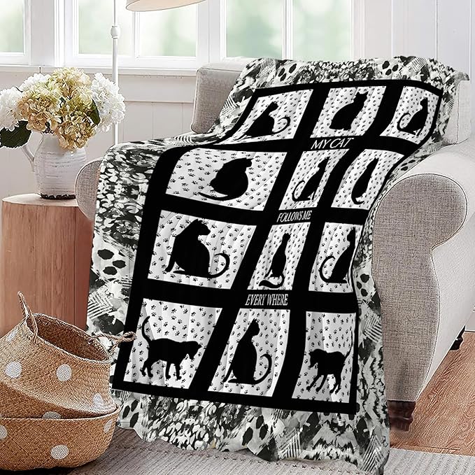 Black Cat Blanket Cat Paw Decor Throw Blanket Super Warm Soft Plush Lightweight Fleece Flannel Black and White Blanket Gifts for Girls Baby Kids Women Boys for Winter Couch Bedding 50"X60"