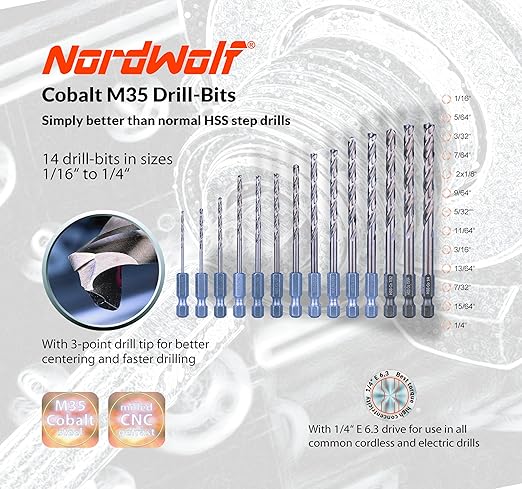 NordWolf 14-Piece M35 Cobalt Drill Bit Set for Stainless Steel, Hard Metals & Cast Iron, Jobber Length with 1/4" Hex Shank, SAE Sizes 1/16" to 1/4"