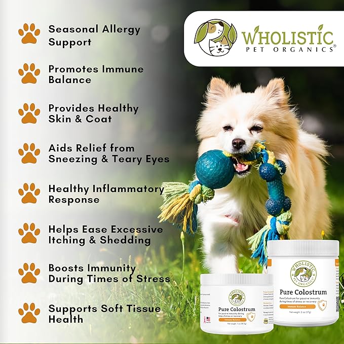 Wholistic Pet Organics Bovine Colostrum Powder - 1 Oz - Seasonal Dog Allergy Relief - Itch Relief for Dogs - Natural Anti Itch Supplement for Dogs - Made in USA - Alternative to Dog Allergy Chews