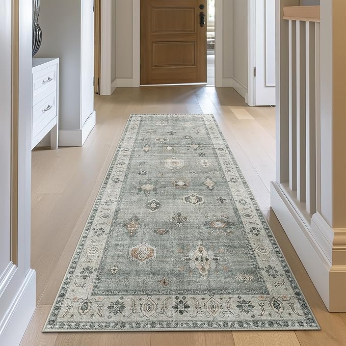 GENIMO 2x5 Runner Rugs for Hallway, Machine Washable Non Slip Vintage Retro Rugs, Low Pile Lightweight Chenille Print Rug for enrtyway, Corridor, Home Office, Bluish Gray