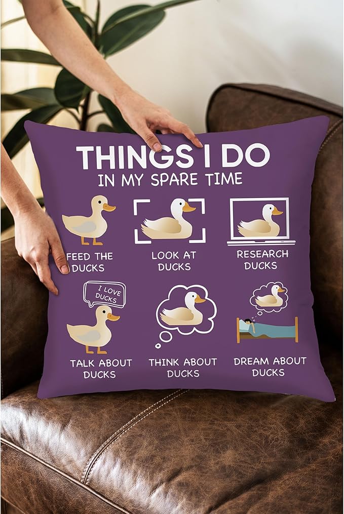 Funny Duck Throw Pillow Covers - 18 x 18, Things I Do in My Spare Time Decorative Pillow Covers, Gifts for Women, Purple Duck Decor