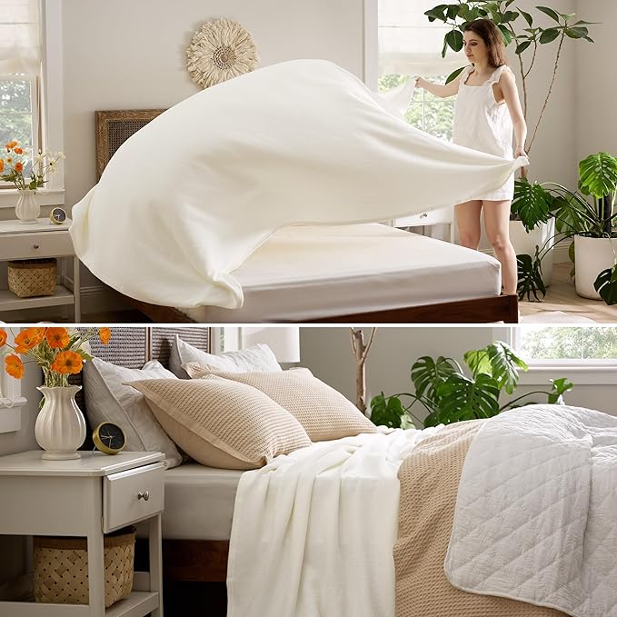 Bedsure GentleSoft 100% Cotton Blanket Queen Size for Bed - Breathable and Lightweight, Soft Cozy Textured Herringbone Woven Blanket for Summer, Ivory, 90x90 inches