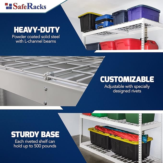SafeRacks Garage Shelving Unit - All Steel Storage Rack That Holds 500 Pounds Per Shelf - Easy to Assemble, White (24" x 72" x 84")