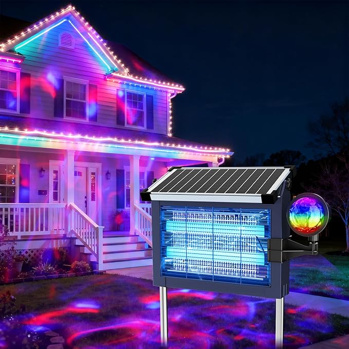 Solar Bug Zapper Outdoor with Projector Lights, Mosquito Zapper Waterproof Electric Fly Zapper Rechargeable with 10W Solar Panel, 4500V Cordless Fly Trap for Backyard, Patio, Garden, Camping