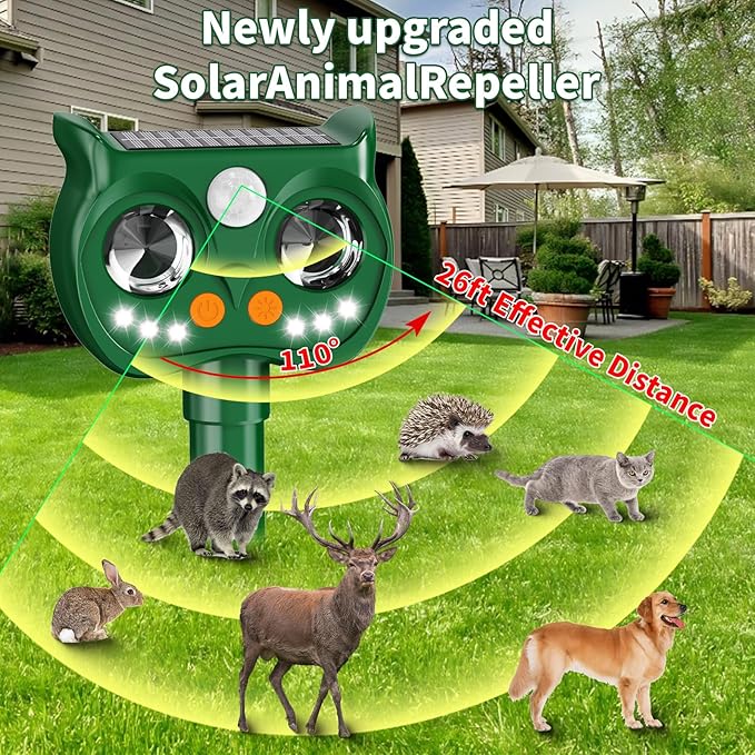 2 Pack 2025 Upgraded Solar Ultrasonic Animal Repellent Outdoor – Motion Activated Deer, Squirrel, Cat, Raccoon, Dog & Bird Deterrent with Multi-Frequency LED Strobe & Ultrasonic Sweep for Yard Garden