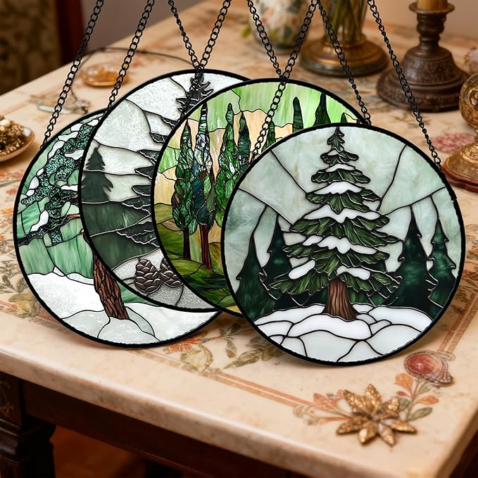 Stained Glass Window Hanging 4 Pcs Set Forest Green Trees Winter Snow 9.8" - Suncatcher Door Garden Sun Catcher Home Decor Birthday Mother's Day for Woman Nana Mom Men