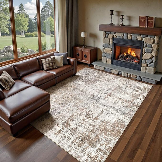 Area Rug Living Room Rugs - Washable Neutral Modern Abstract Soft Thin Rug Indoor Floor No Slip Rug Carpet for Bedroom Under Dining Table Home Office Decor - Brown/Grey/Red - 10x14