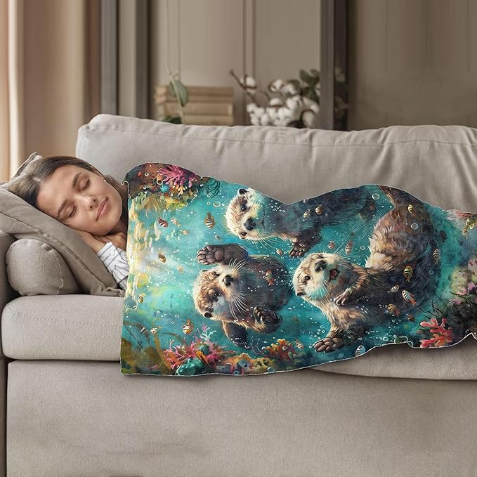 Otters Throw Blanket 50"x60", Underwater Scene Blankets for Living Room Bedroom Decor, Soft Flannel Polyester Warm Cozy Otters Gifts for Kids Adults