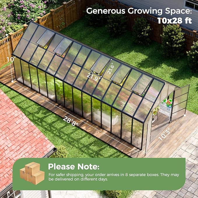 10'x10'x28' Snap-Together Greenhouse - Easy 3-Way Connectors, Heavy-Duty Aluminum Frame, Wind/Snow Resistant for Gardening/Urban Farming, Includes Sliding Door & Ventilation Windows