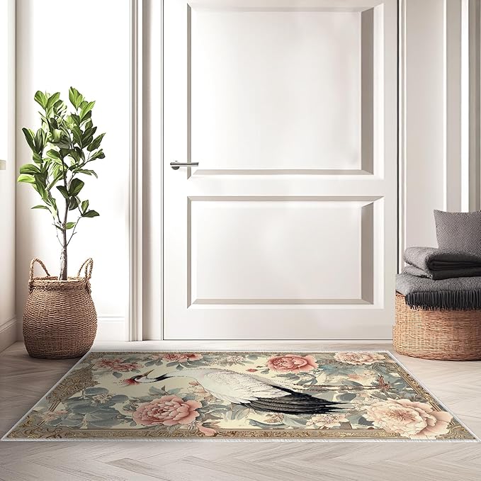 2x3 Crane Area Rugs Boho Japanese Crane Floral Rug for Bathroom Kitchen Entryway Indoor Soft Non-Slip Thin Hippie Carpet Small Beige Doormat for Office Dining Room Under Table Washable Machine