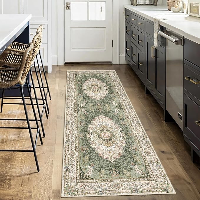 Washable Runner Rug 2x6,Green Rug Runners Non Slip,Long Boho Rugs for Hallways Kitchen Bedroom Entryway Living Room Bathroom,Vintage Bohemian Distressed Floor Carpet,Floral
