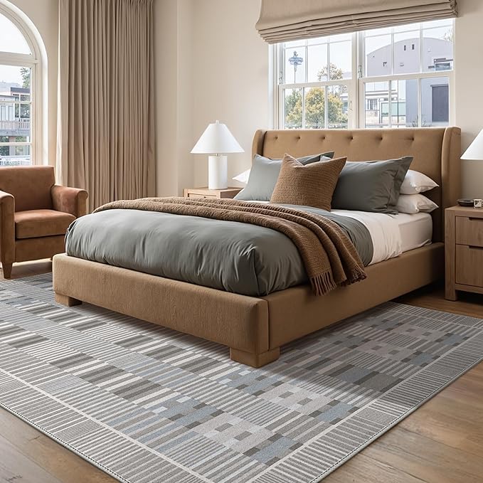 GENIMO Machine Washable 5x7 Area Rugs for Living Room, Non Slip Vintage Rugs, Low Pile Lightweight Chenille Print Rug for Bedroom, Dining Room, Home Office, Silver Gray