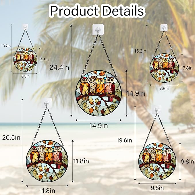Stained Glass Window Hanging, 4 Owls on a Branch Sun Catcher for Door Home Decor White Brown Bird Suncatcher Christmas Mother's Day Birthday Gifts for Women Men Mom and Nana 9.8 in