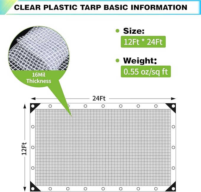 12Ftx24Ft Clear Greenhouse Plastic Covering, 16Mil Thickness Heavy Duty Clear tarp for Chicken coop, Greenhouse Plastic sheeting with Hemmed Edges & preinstalled Grommets.