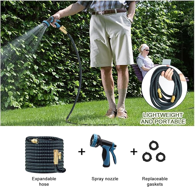 2025 Upgrade 50FT Expandable Garden Hose Water Hose with 10-Function High-Pressure Spray Nozzle, Heavy Duty Flexible Hose, 3/4" Solid Brass Fittings Leakproof Design