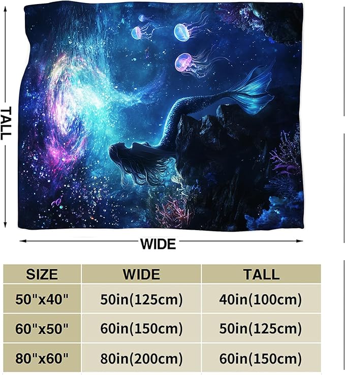 Mermaid Blanket, Blue Ocean Throw Blanket, Underwater Jellyfish Gifts Blankets Stuff Fleece Flannel Plush for Girls Women Men Boys Lovers Adults Soft Bedding Gift for Sofa Bed Office Decor 80"x60"