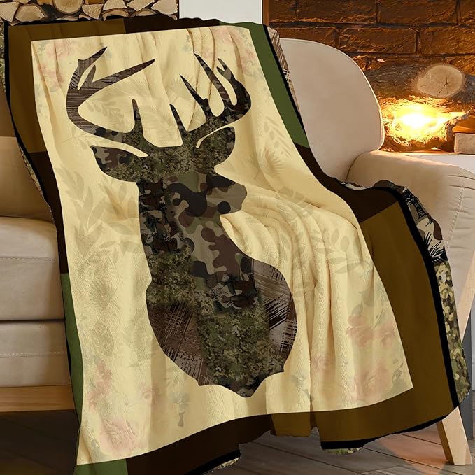 Deer Blanket Camo Hunting Throw Blanket Cozy Plush Dad Elk Fleece Flannel Ultra Soft Blankets Lightweight Fuzzy Warm Gifts for Adults Men 80"X60"