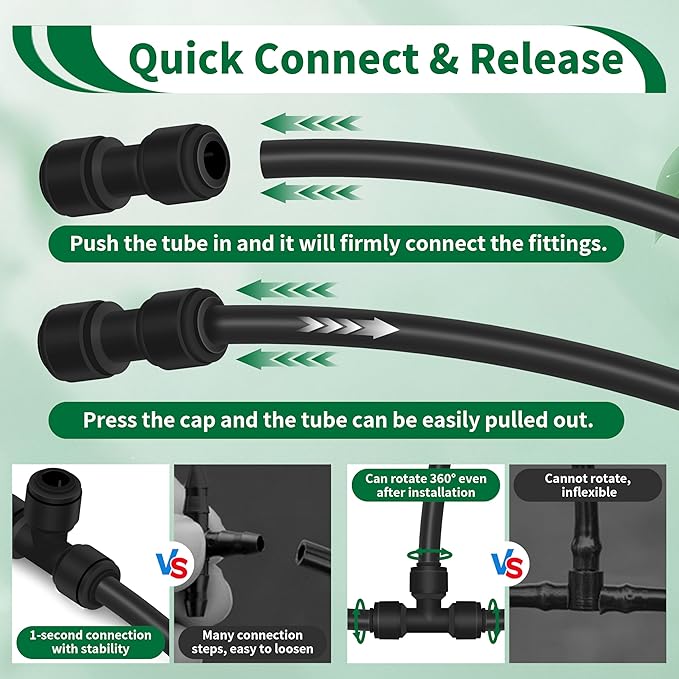 52Pcs 1/4" Drip Irrigation Quick Connect Fittings Kit (12 Couplings, 10 Tees, 12 Elbows, 5 Shut Off Valves, 12 Plugs & Tubing Cutter), Drip Line Connectors for 1/4" Tubing