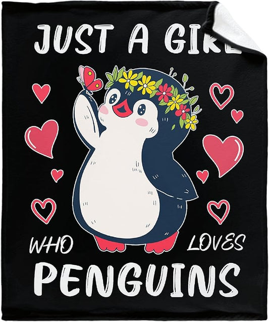 Cartoon Penguin Blanket Just Girl Loves Penguins with Hearts Soft Blankets and Throws Flannel Cozy Lightweight Quilt Gift Perfect for Bed Sofa Couch-50 x40 Small for Kids