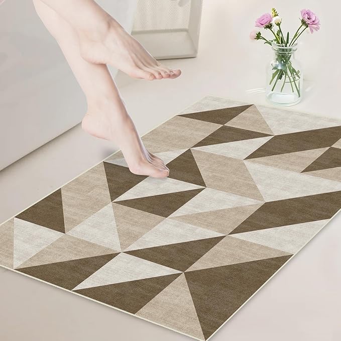 Abstract Neutral Small Carpet 2x3 Washable Geometric Brown Area Rugs Doormat for Entryway Bathroom Living Room Bedroom Washing Room Non Slip