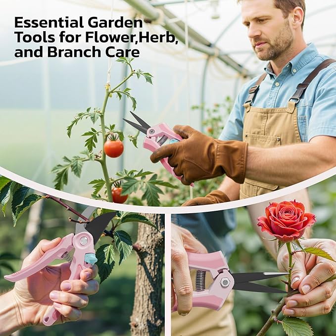 NEXON Garden Pruning Shears 2 Pack, 8" Bypass Hand Pruner & 6.25" Precision Garden Scissors, Professional Garden Clippers for Plants and Flowers Pink