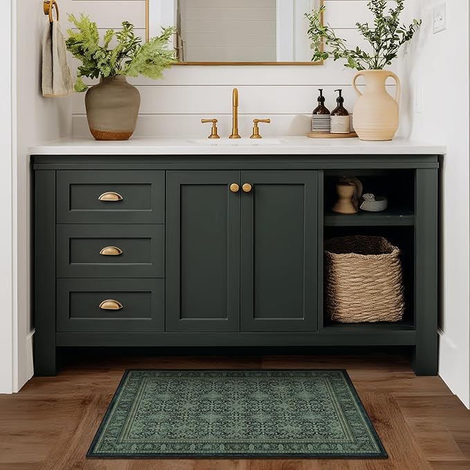 Dark Green 2x3 Small Rugs for Entryway, Washable Non Slip Door Mat Indoor Entrance, Vintage Boho Floral Moroccan Printed Entry Rugs for Inside House Kitchen Bathroom, Low Pile Ultra Thin Soft