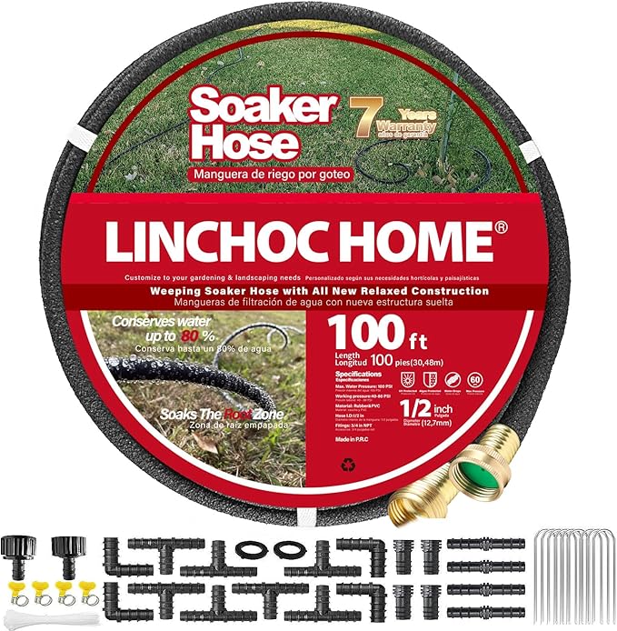 1/2 Inch Solid Brass Soaker Hose | Heavy Duty Leakproof Garden Hose for Gardens, Lawns & Landscaping | Flexible Eco-Friendly Design(100FT KIT)