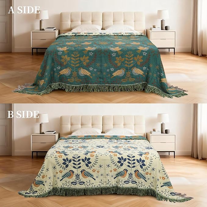 MACEVIA 100% Cotton Boho Throw Blanket, Soft Lightweight Green Bird Floral Design, 90"x98" King Size Bedspread for Couch Sofa, Bed, Travel, Cottagecore Decor, with Fringe Tassels (Bird Floral)