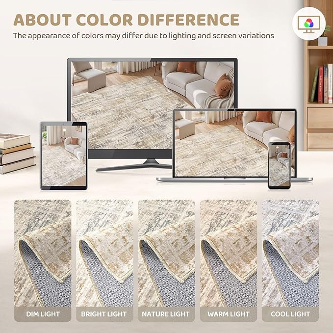 Area Rug for Living Room: 6x9 Washable Neutral Abstract Modern Soft Rugs Non Slip Indoor Floor Stain Resistant Large Carpet for Bedroom Dining Room Office Nursery - Golden Brown
