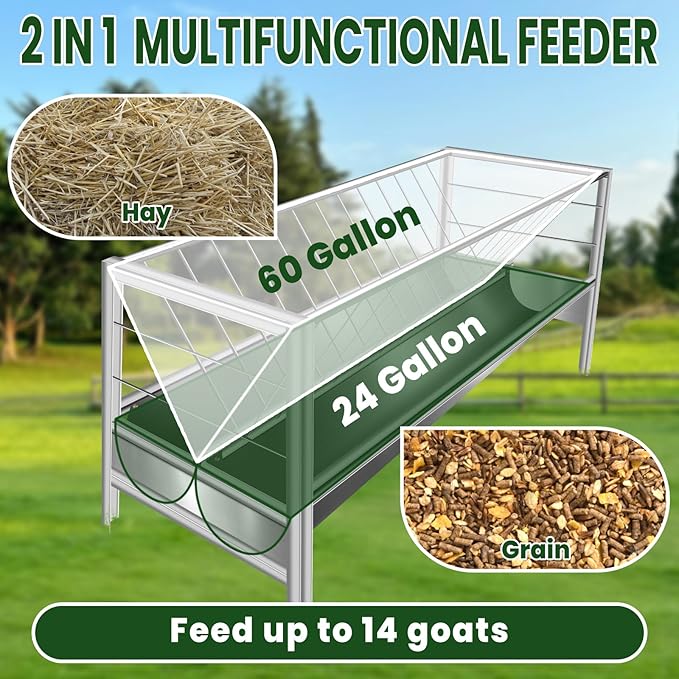 Hay Feeder Goat, 84 Gallon Large Capacity Goat Hay Feeder, Hay Rack for Goats, Sheep, Horse, Detachable Grain Tray, Easy Assembly in Farm (Galvanized Steel)