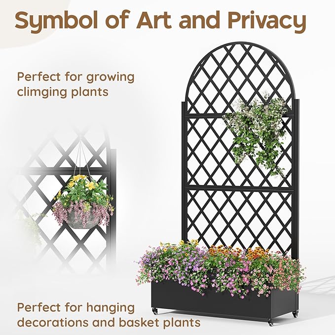 Metal Planter with Trellis& Wheels 72" x 35"x 15.7" Raised Garden Bed with Trellis,Privacy Planters for Patio,Garden Bed for Climbing Plants,Suitable for Climbing Plants and Vegetables,Black