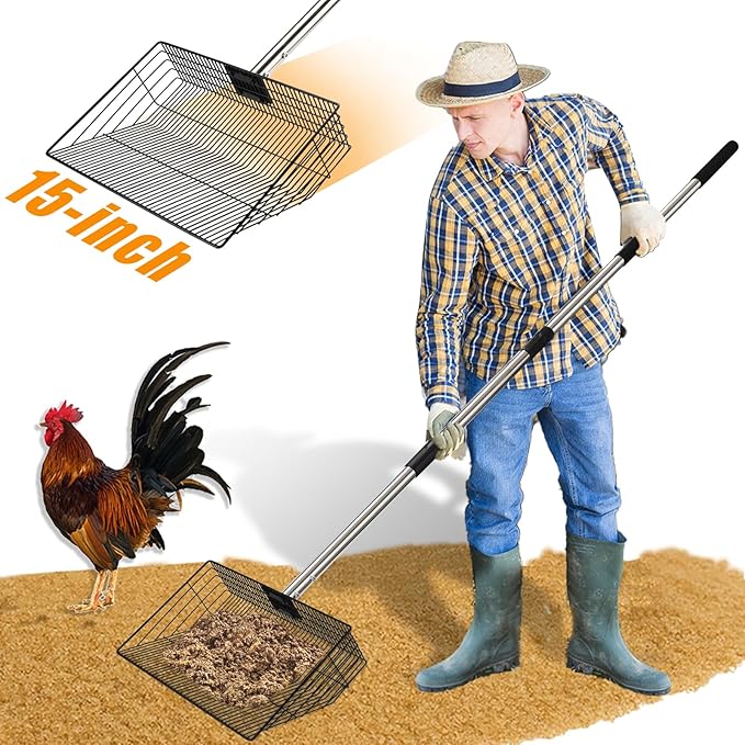 CAROD 15"-Large Thickened Chicken Poop Scooper, 24 to 68" Adjustable Chicken Coop Scoop for Poop with Stainless Steel Handle, Litter Scooper Sifting Shovel Chicken Coop Accessories