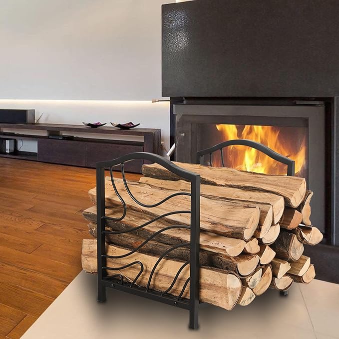 GREEN PARTY 17 Inch Small Firewood Rack Indoor/Outdoor Metal Firewood Holder, Decorative Fire Log Holder for Fireplace,Fire Pit,Heavy Duty Wood Rack,Wood Stove Accessories, 17" L X 13.3" W X 16" H
