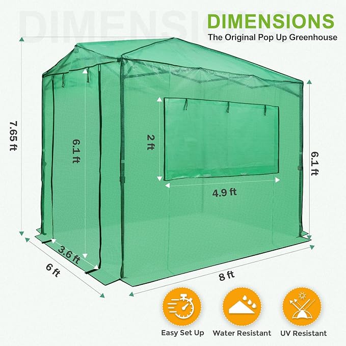 EAGLE PEAK 8x6 Portable Walk-in Greenhouse Instant Pop-up Indoor Outdoor Plant Gardening Green House Canopy with Dual Roll-up Zipper PE Door & Upgraded Screen Mesh Door, PE Cover, Green/Clear