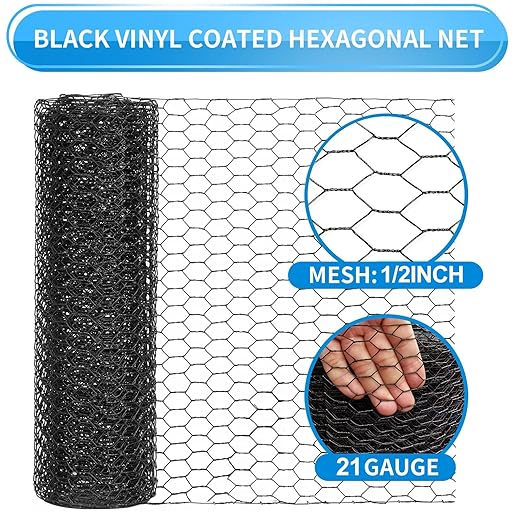 1/2 Inch Black Wire Mesh Roll - 48'' x 50' Chicken Wire Fence, 21 Gauge Hardware Cloth Poultry Netting for Garden/Animal Barrier/Rabbit/Floral/Chicken Coop/DIY Projects