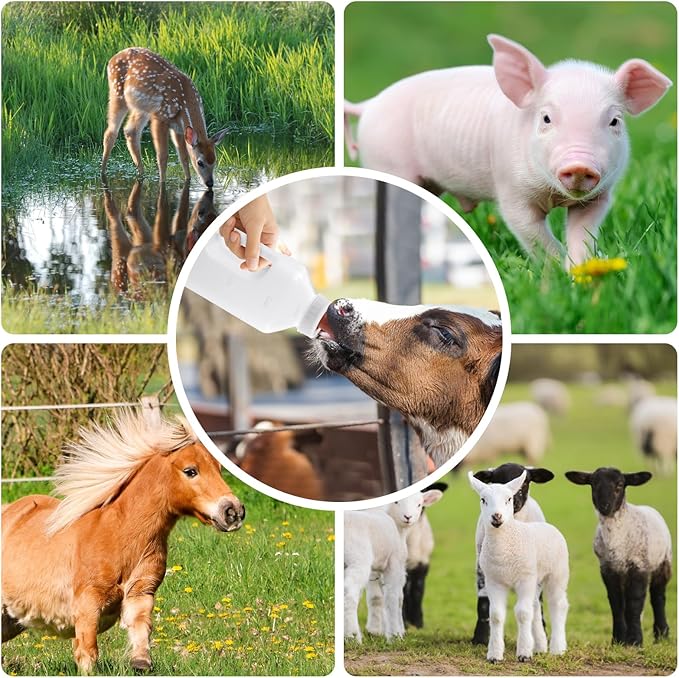 Livestock Bottle Feeding Kit, 2L Calf Milk Feeder with 3 Silicone Nipples, White, BPA-Free Plastic Bottle with Slow Flow Design for Farm Animals