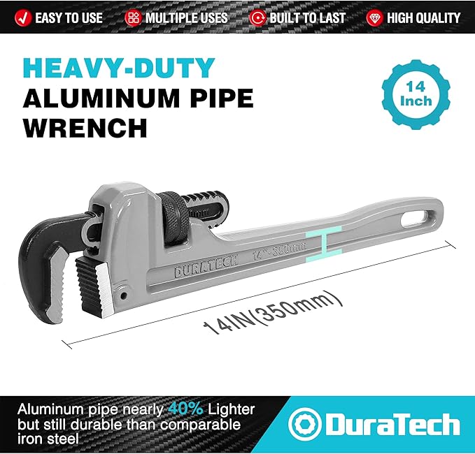 DURATECH 14-inch Heavy Duty Aluminum Straight Pipe Wrench, Adjustable Plumbing Wrench, Drop Forged, Exceed GGG standard