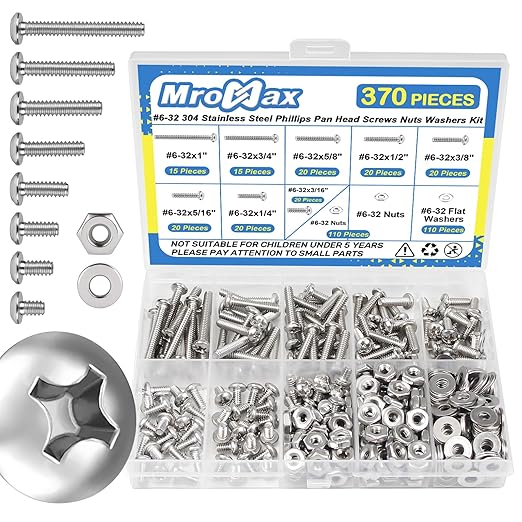 370Pcs #6-32 Pan Head Machine Screws Nuts Washers Assortment Kit, 3/16 to 1 inch Long Machine Screws, 304 Stainless Steel Screws Assorted Kit for Household Repairs, UNC Full Thread, Phillips Drive