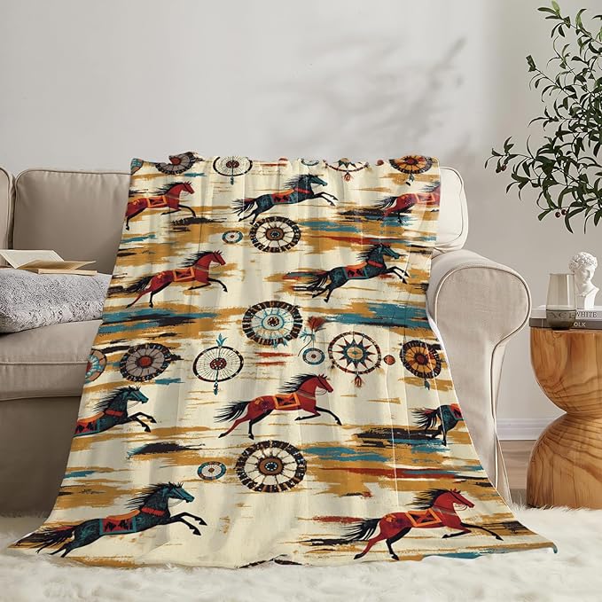 Dynova Horse Blanket Cozy Plush Western Cowboy Throw Blankets Fuzzy Flannel Fleece Cowgirl Native Gifts for Girls Boys Women Men 80"X60"