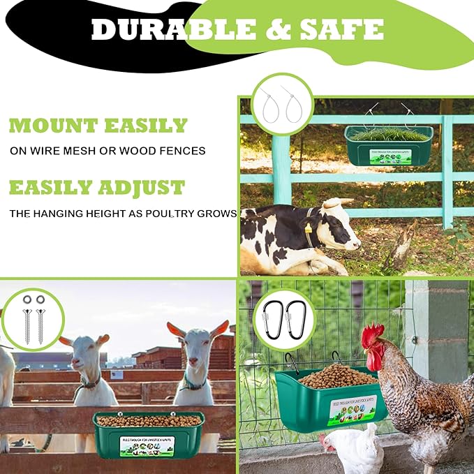3 Pack Chicken Feeder, Duck Feeder Supplies, Hanging Fence Feed Trough with Clips for Goat, Sheeple, Piglet, Gooses, Turkeys, Dog Livestock Poultry, 8 Quarts in Total, Feed Scoop Included, Green