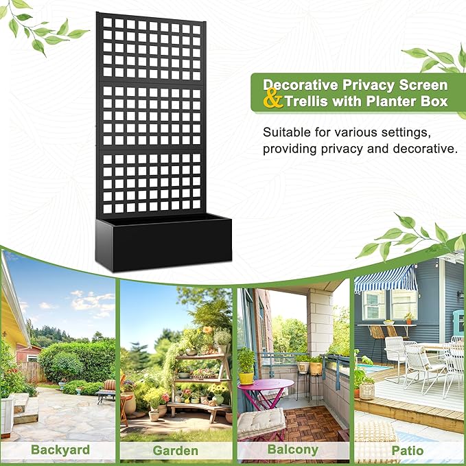 FENCY Metal Raised Garden Bed with Trellis, Metal Planter Box with Trellis, Garden Box for Climbing Plants Vegetable, 35''Lx16''Wx71''H Garden Bed with Drainage Holes(Black)