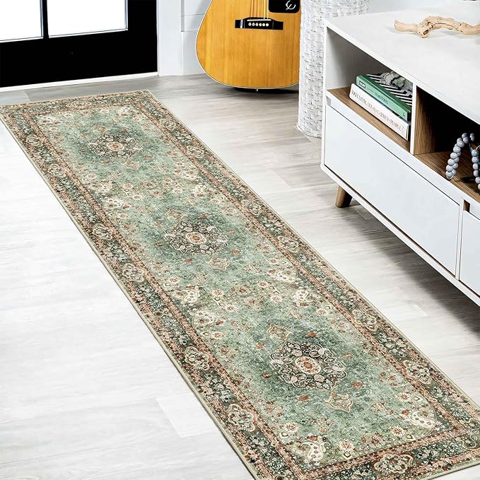 Washable Runner Rug 2x8,Green Rug Runners Non Slip,Long Boho Rugs for Hallways Kitchen Bedroom Entryway Living Room Bathroom,Vintage Bohemian Distressed Oriental Floor Carpet