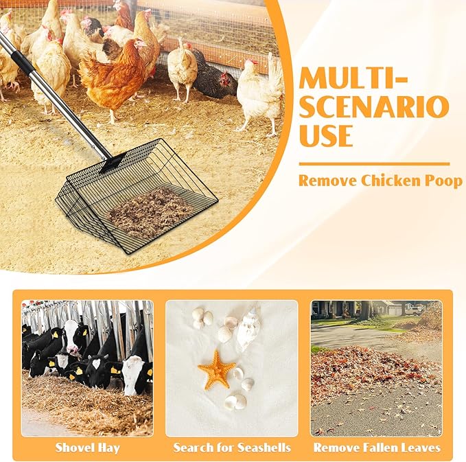 CAROD 15"-Large Thickened Chicken Poop Scooper, 24 to 68" Adjustable Chicken Coop Scoop for Poop with Stainless Steel Handle, Litter Scooper Sifting Shovel Chicken Coop Accessories