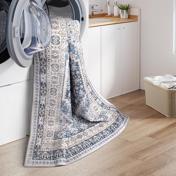zesthome 12x15 Area Rugs, Large Washable Rug, Ultra-Thin Stain Resistant Rugs for Living Room, Bedroom, Non-Slip Backing Home Decor Area Rug (Blue/Beige,12'x15')