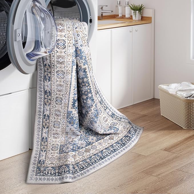 zesthome 3x5 Rug Ultra Soft Washable Rug, Non Slip Area Rug Indoor Entrance, Stain Resistant Rugs for Living Room Bedroom, Vintage Home Decor Area Rugs (Blue/Beige,3'x5')