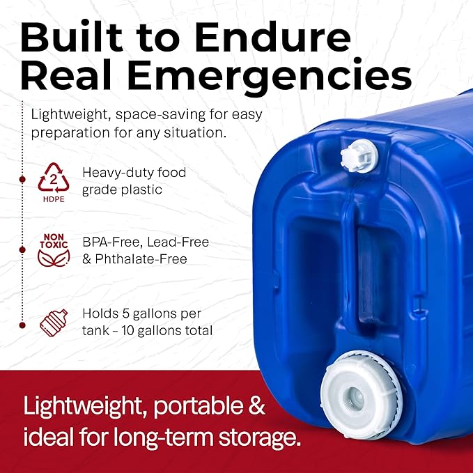 Legacy Premium Emergency Water Storage Containers 10 Gallon, Long Term 5 Gallon Water Tank - 2 Stackable Food Grade Tanks Included, for Camping, Prepping, Survival - 10 Gallon Total Capacity
