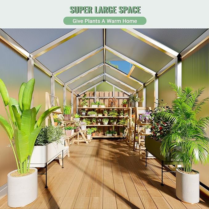 6x10 FT Greenhouse, Easy Assembly Aluminum Polycarbonate Greenhouses for Outdoors with Roof Vent, Large Aluminum Walk-in Greenhouse for Sunroom Patio, Backyard, Garden, Sliding Lockable Door, Silver