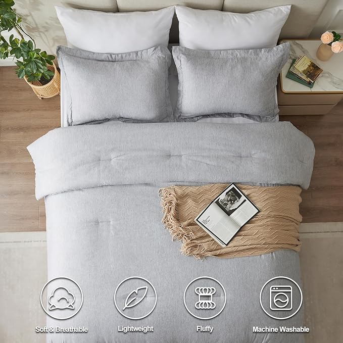 CozyLux Full Size Comforter Set - 3 Pieces Light Grey Soft Luxury Cationic Dyeing Bedding Comforter for All Season, Light Gray Breathable Lightweight Fluffy Bed Set with 1 Comforter and 2 Pillow Shams